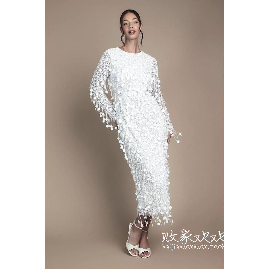 英国代购正品12.13 名品Boohoo 女装新款 设计流苏浅色长款连衣裙
