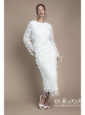 英国代购正品12.13 名品Boohoo 女装新款 设计流苏浅色长款连衣裙