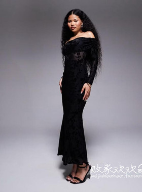 英国代购正品10.06 2025潮流导向 女装新款 一字肩深色绒面连衣裙