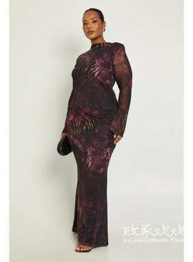 英国代购正品12.12 名品Boohoo 女装新款 设计印花长款连衣裙