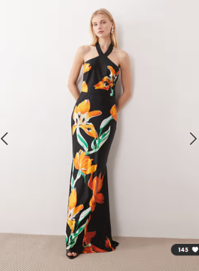 英国代购正品02.04 2026潮流导向 女装新款 挂脖花朵长款连衣裙