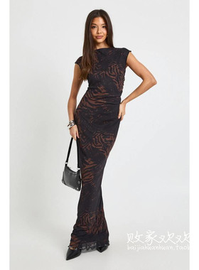 英国代购正品12.12 名品Boohoo 女装新款 设计印花修身长款连衣裙