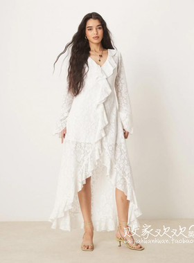 英国代购正品03.04 2025潮流导向 女装新款 荷叶边浅色长款连衣裙