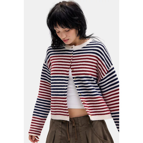 英国代购正品08.22 名品UO 女装新款 时尚横纹针织百搭开衫