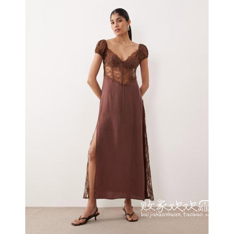 英国代购正品12.06 2025潮流导向 女装新款 蕾丝开叉长款连衣裙