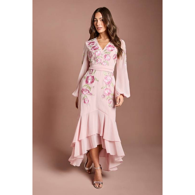 英国代购正品04.20 名品KM 女装新款 时尚刺绣花荷叶边裙摆连衣裙
