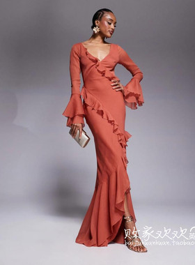 英国代购正品03.06 2025潮流导向 女装新款 设计荷叶边长款连衣裙