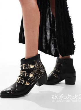 英国代购正品02.24 2025潮流导向 饰品新款 闪钻黑色粗跟舒适短靴