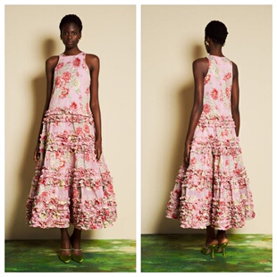 名品SJ 03.31 正品 设计连衣裙 新款 木耳边印花长款 女装 英国代购