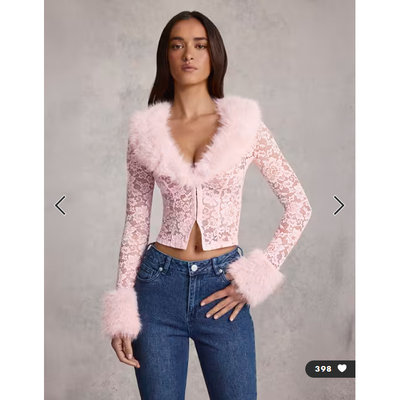 女装新款毛绒领蕾丝修身小衫