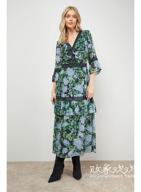 英国代购正品12.13 名品Boohoo 女装新款 时尚印花长款连衣裙