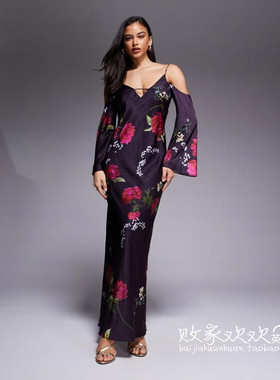 英国代购正品11.04 2025潮流导向 女装新款 露肩印花长款连衣裙