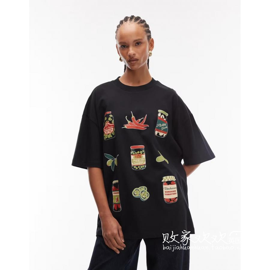 英国代购正品10.08 2025潮流导向 女装新款 休闲图案深色短袖T恤