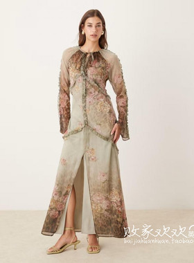英国代购正品08.10 2025潮流导向 女装新款 设计碎花开叉连衣长裙