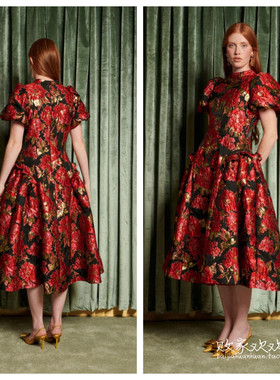 英国代购正品12.06 名品SJ 女装新款 泡泡袖印花长款连衣裙