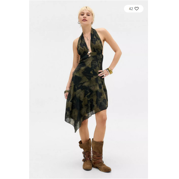 英国代购正品04.09 名品UO 女装新款 挂脖印花不规则百搭连衣裙