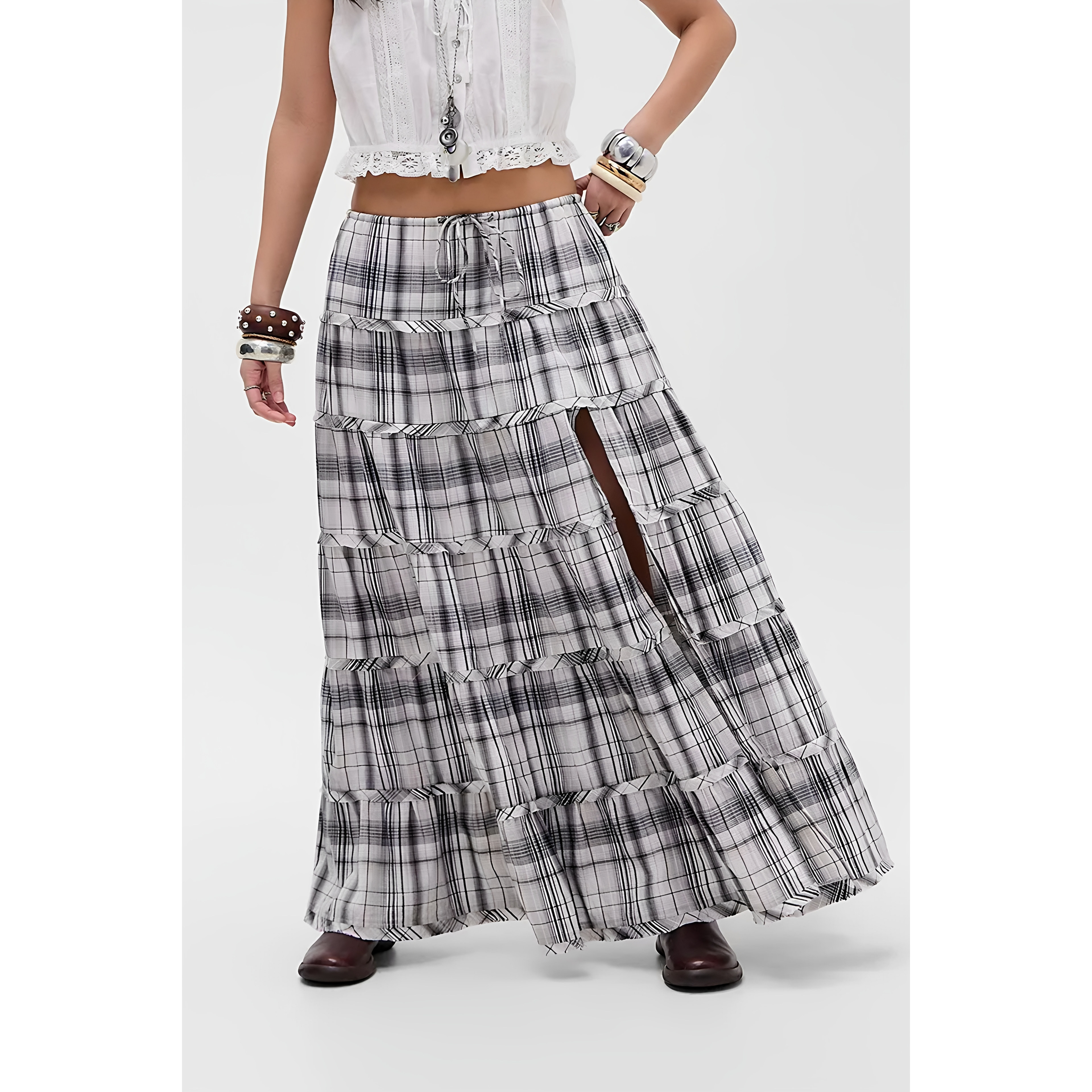 英国代购正品04.05 名品UO 女装新款 时尚格子开叉长款半身裙