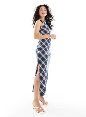 英国代购正品03.04 2025潮流导向 女装新款 设计格子开叉连衣长裙