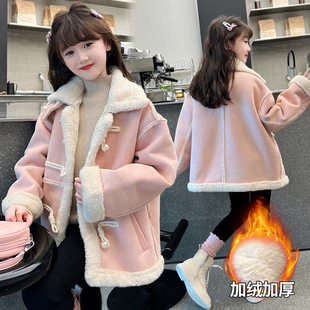 麂皮绒女童外套秋冬2024新款儿童加绒加厚夹克皮毛一体洋气皮衣潮
