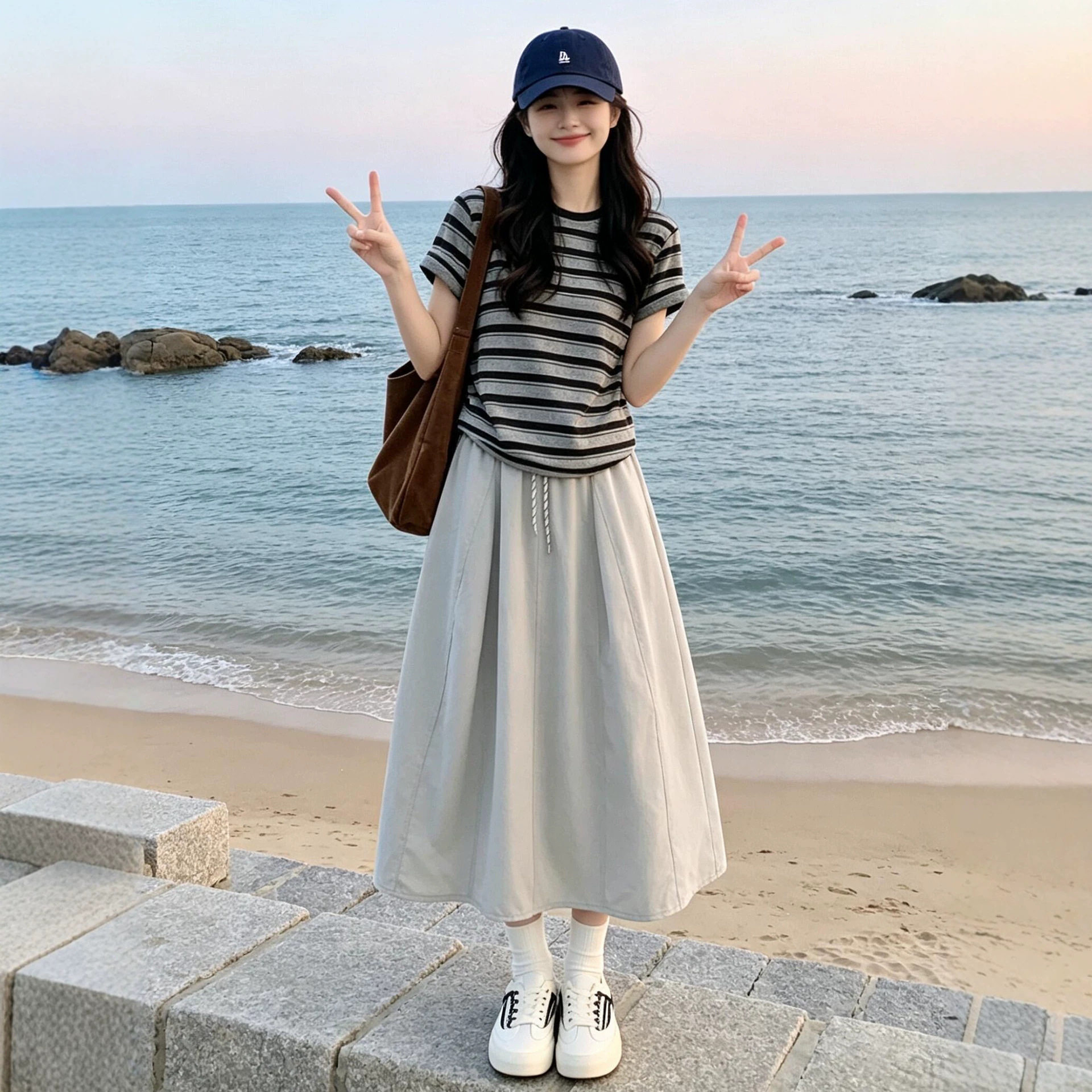 2026新款条纹T恤半身连衣裙女夏季小个子巨好看穿搭一整套装长裙