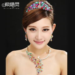 Purple Elf Korean new color Peacock Phoenix Crown three sparkling diamond jewelry bridal wedding jewelry set-