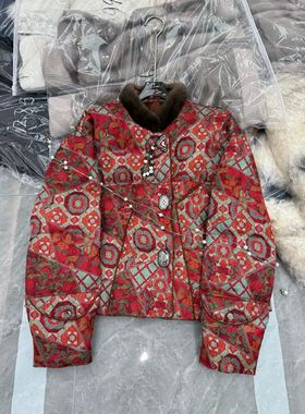 NOHASHTAG墨雪MX25682时尚水貂立领复古花色开叉国风鹅绒服