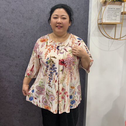 加肥加大弹力冰雪丝中袖圆领套头印花上衣宽松遮肚中老年妈妈装夏