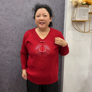 大码妈妈装毛衣中国风宴会v领套头针织衫秋冬长袖气质上衣烫钻