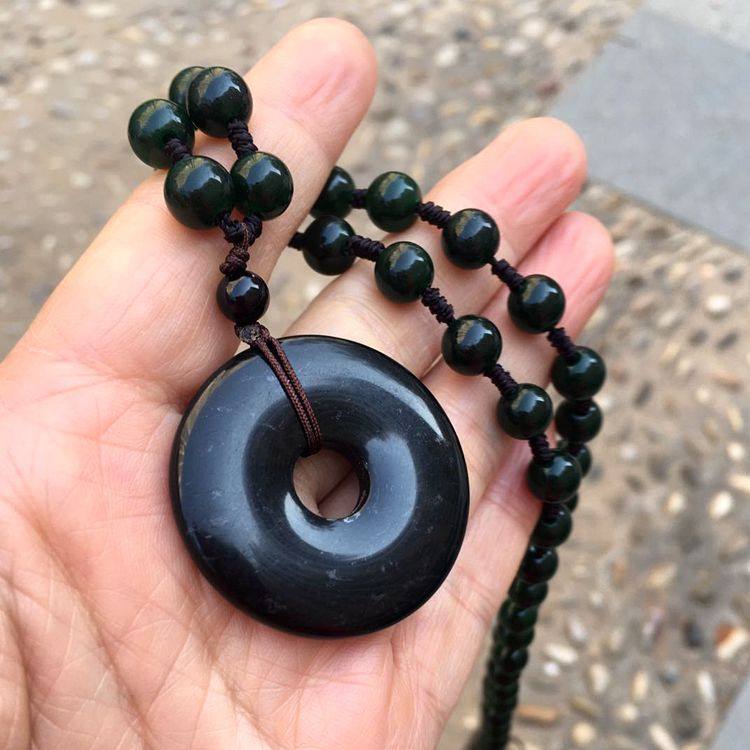 泰山墨玉扣吊坠项链黑玉石珠链挂坠男款玉坠挂饰随身挂件饰品礼物