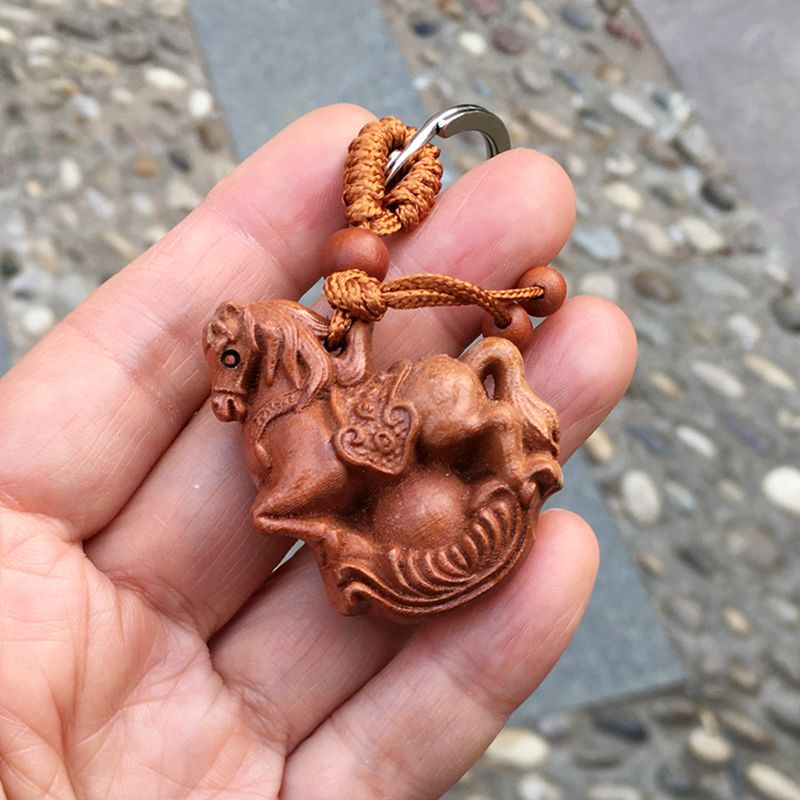 精雕桃木马上发财车用随身钥匙扣