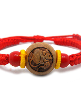 桃木雕鼠无漆红绳手链成人幼儿