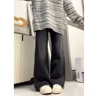 美式高街黑色微喇牛仔裤女款小个子夏季薄款高腰宽松直筒阔腿裤子