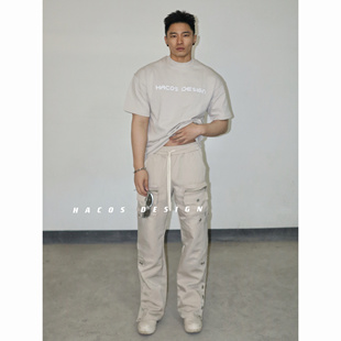 简约大地色系T恤字母印花宽松小圆领FOG风 凉感美式 HACOS夏季 新款