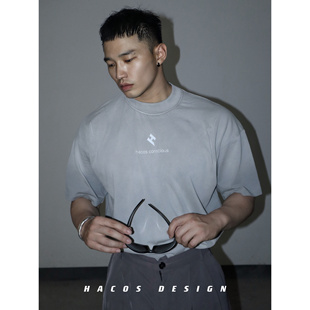 HACOS夏季 复古T恤ins小众宽松休闲t恤水洗渐变字母印花fog风 美式
