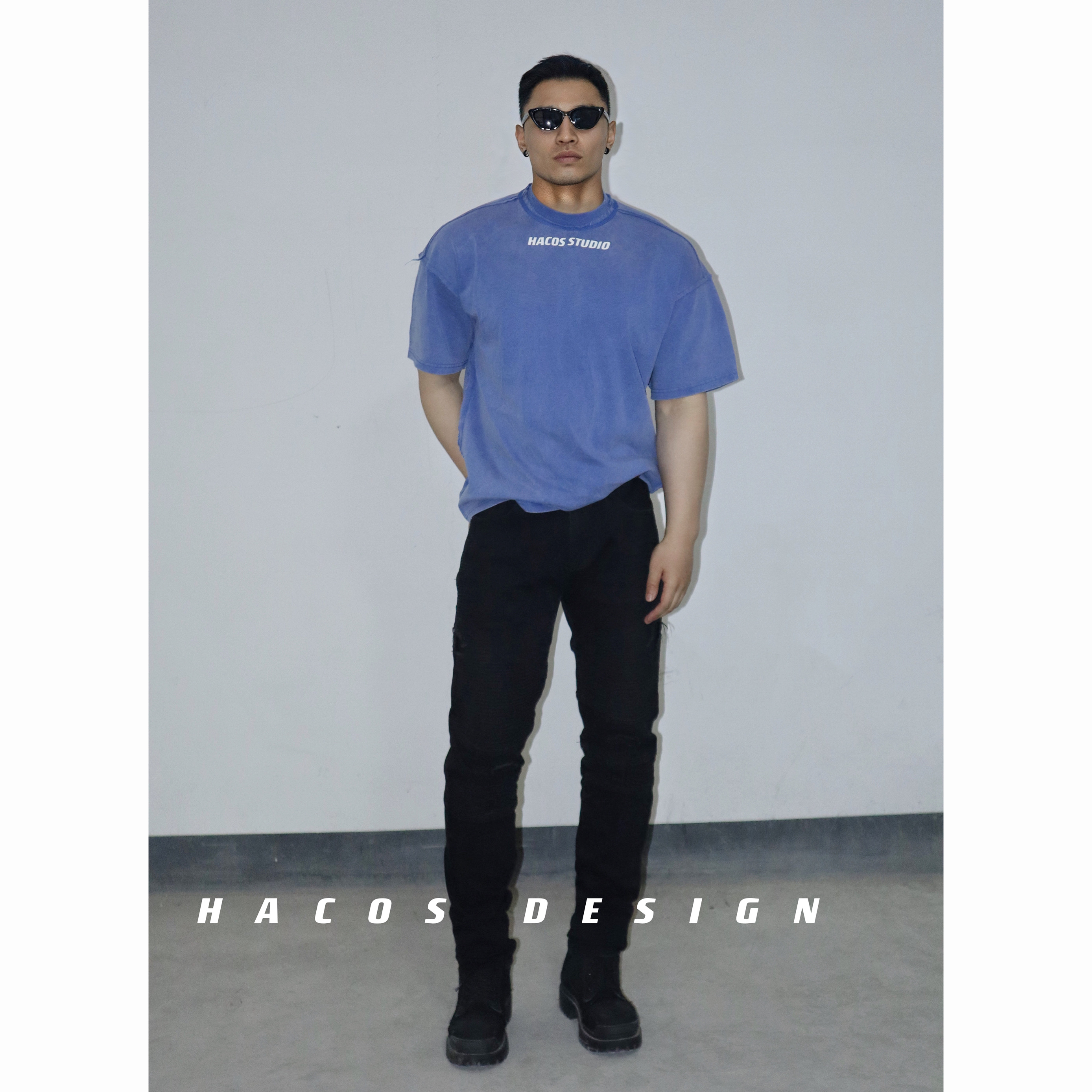 HACOS新款美式重磅水洗卷边做旧宽松小圆领T恤百搭运动休闲T恤潮t