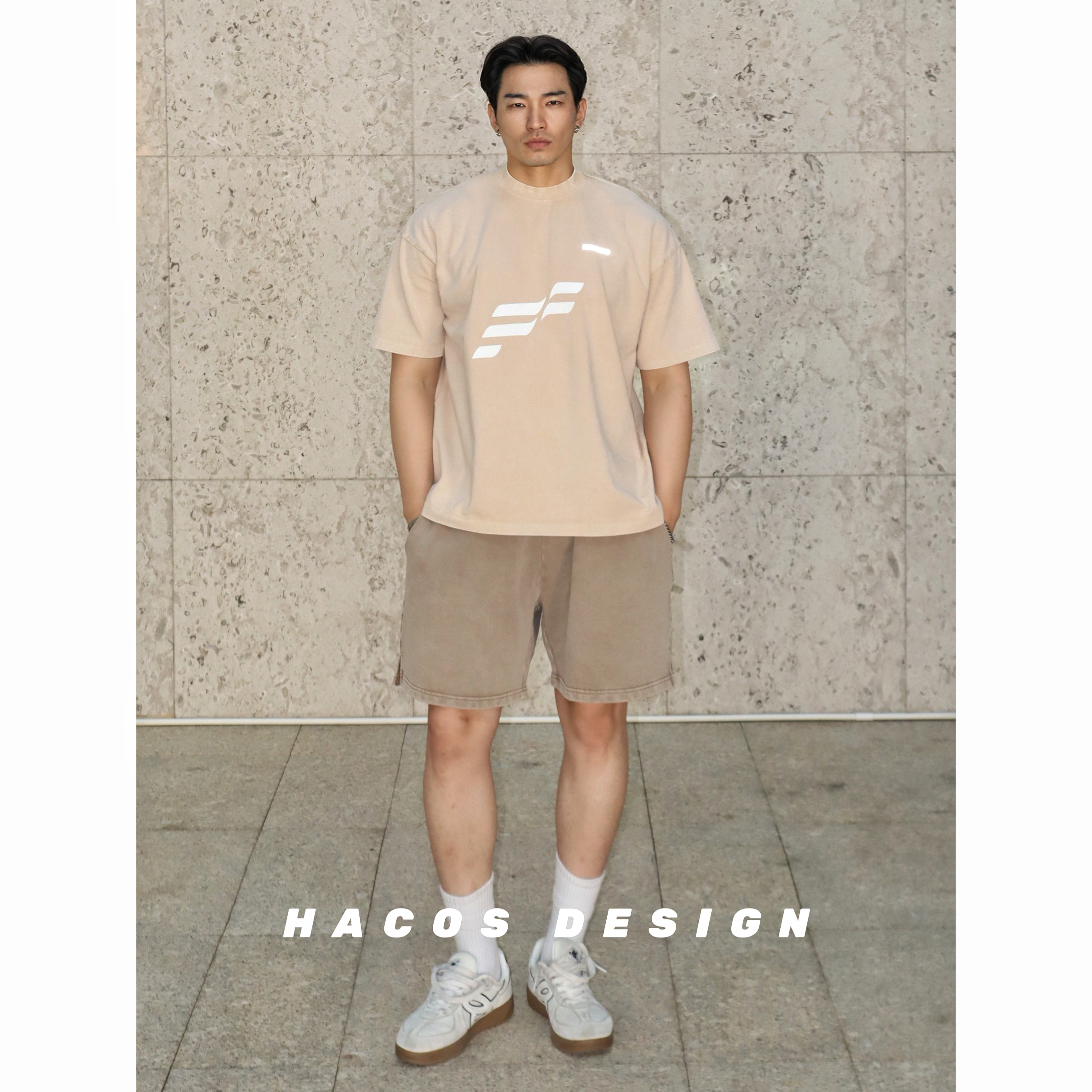 HACOS夏季纯色圆领宽松短袖美式休闲运动T恤上衣健身通勤基础tee