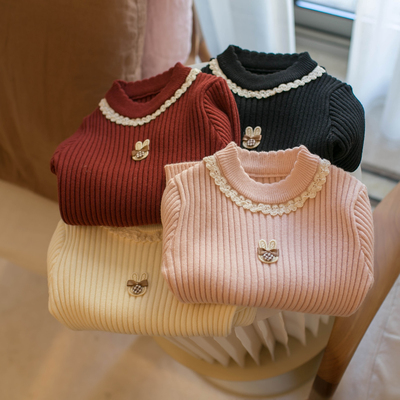 女童秋冬兔子蕾丝保暖针织衫