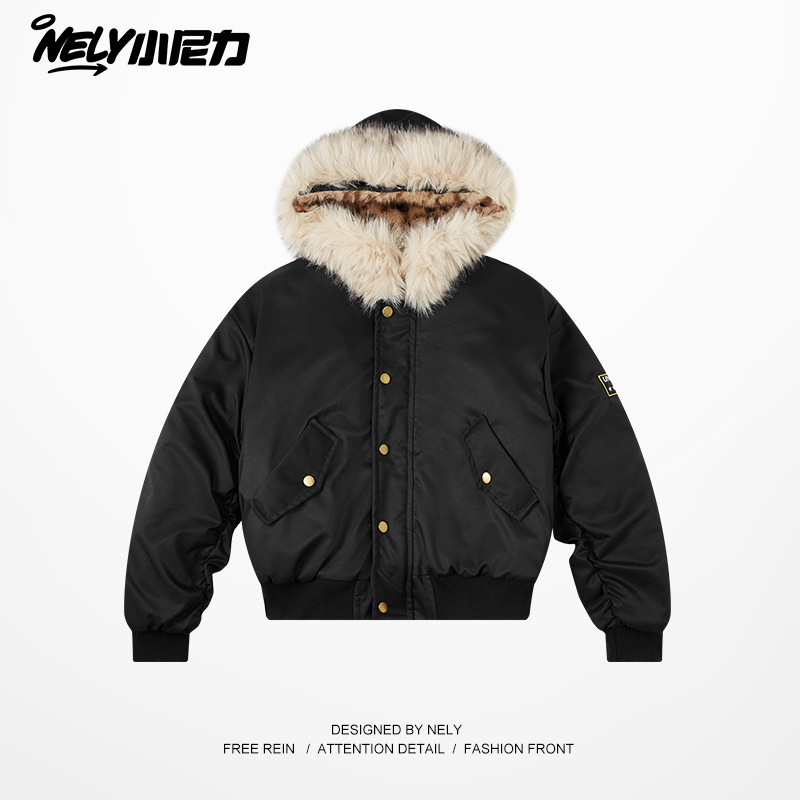 黑色大毛领连帽棉服男款冬季加厚座山雕外套棉袄美式飞行夹克棉衣