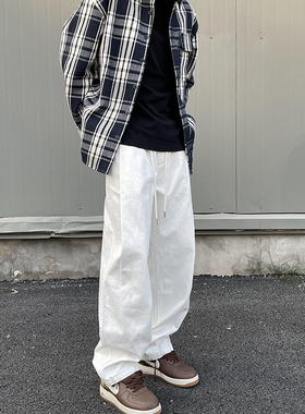 美式复古高街松紧腰牛仔裤男女拖地宽松直筒子潮牌bf阔腿垂坠感裤