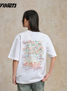 oversize美式休闲宽松鸽子花卉印花夏季潮流新款短袖t恤男女bf风