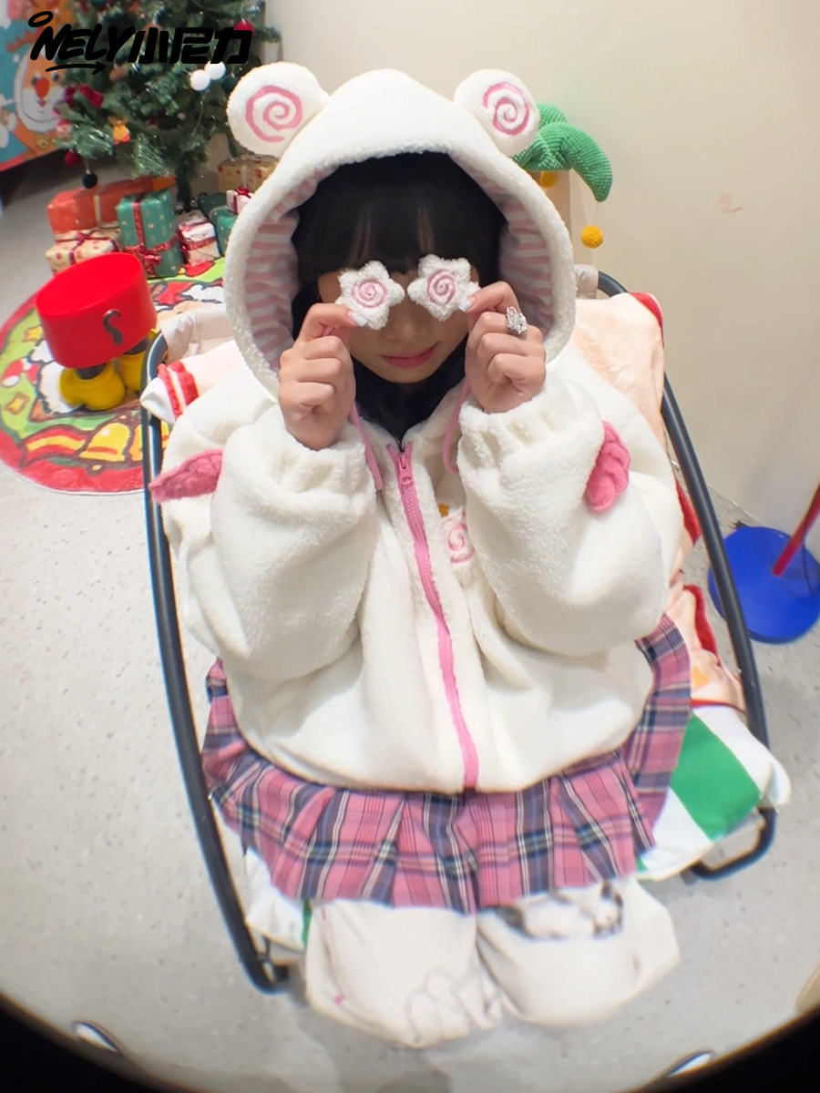 Spring New Sweet and Cute Fish Cake Ears Lamb Wool Cotton Coat Women's Warm Hooded Jacket Trendy