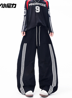 ins美式复古三条杠阔腿弯刀卫裤男女重磅宽松休闲运动潮牌裤子