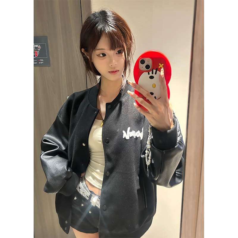 NELY小尼力美式潮牌复古立领棒球服外套男女2025新款拼接pu皮夹克