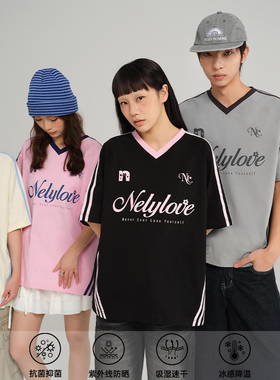 NELY小尼力潮流索罗娜凉感撞色v领短袖t恤男女夏季学院风情侣半袖