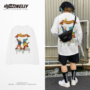 小尼力ins原创设计长袖 上衣 T恤男女宽松古着感女生白色T恤打底衫