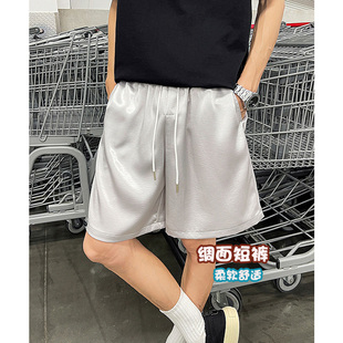 薄款 夏季 冰丝凉感裤 子绸面休闲宽松五分裤 衩 冰感缎面短裤 大裤 男款