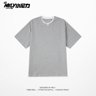 小尼力ins复古假两件短袖T恤男款春夏cleanfit美式休闲内搭半截袖