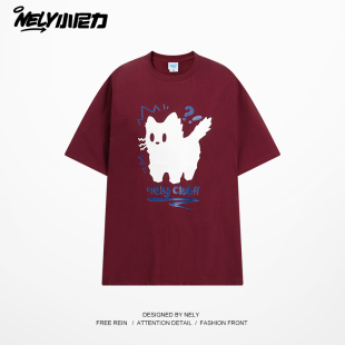 学生体恤衫 夏季 宽松半袖 T恤男情侣装 潮流 重磅纯棉猫猫设计感短袖