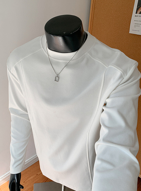 ins白色德绒打底衫男款秋冬美式圆领内搭长袖t恤加绒保暖卫衣上衣