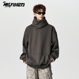 小尼力重磅百搭连帽卫衣男美式高街纯色短款外套潮牌宽松情侣帽衫